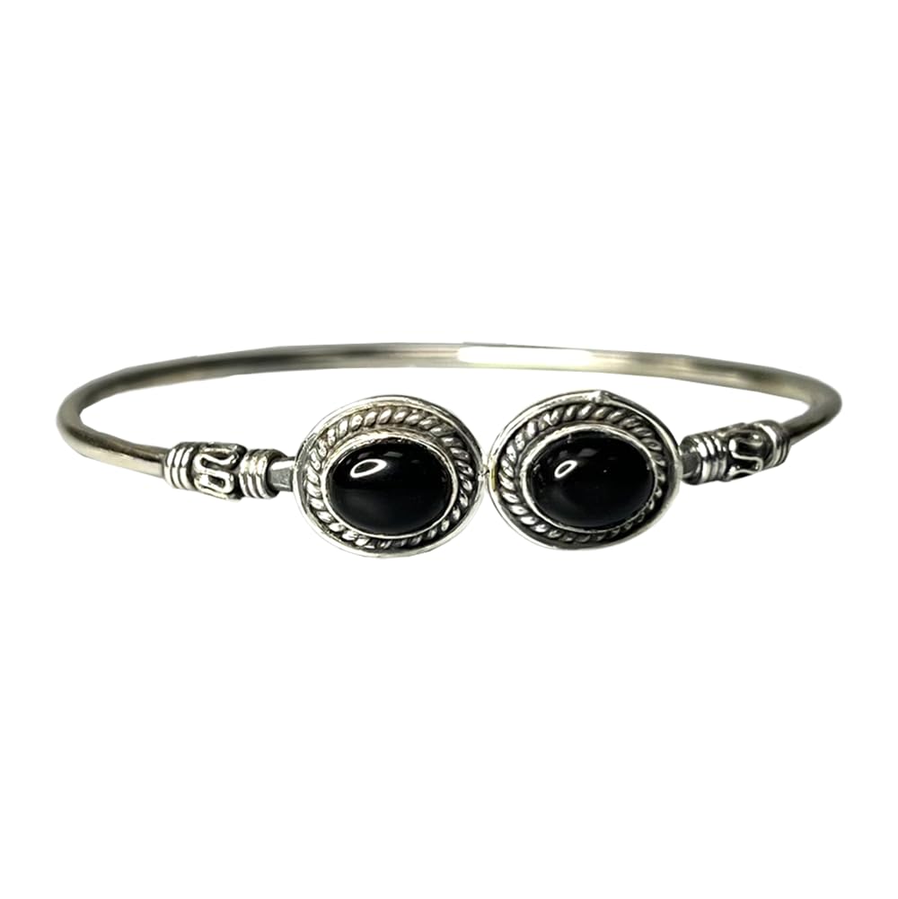 VIE Silver Plated Adjustable Boho Oval Cuff Bangle, Black Agate