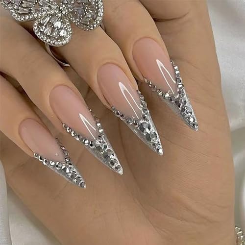 24pcs Long Stiletto False Nails French Glitter Silver Tip Stick on Nails Rhinestone Press on Glue-on Full Cover Fake Women Brides Nail Art Accessories