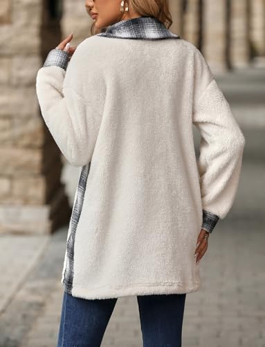 FEOYA Sherpa Jacket Women Fleece Shacket Plaid Long Button Down Coats Teddy Oversized Lapel Color Block Outerwear Pocket2
