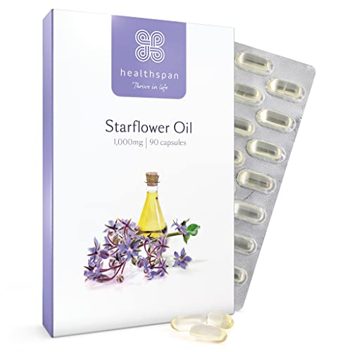 Healthspan Starflower Oil 1 000mg (90 Capsules) | Healthspan | Richest Source of Gamma-Linolenic Acid (GLA) | Womens Health | 207mg GLA & 131mg Omega 9 Fatty Acids Per Capsule | Vegan