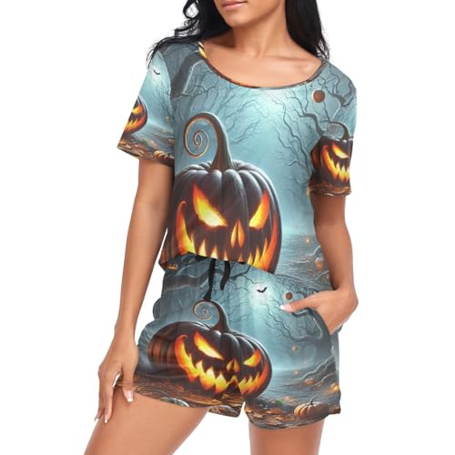 Lotupokon Pumpkin Bat Halloween Womens Pajama Sets Short Sleeve Sleepwear Nightwear Pj Set,L