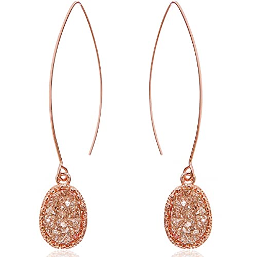 Humble Chic Simulated Druzy Long Drop Earrings For Women - Boho Fashion Threader Earring - Simple Statement Threaded Boho Earrings With Dangly Simulated Geode Stone, Rose Gold - Rose Gold Stone #TOP30