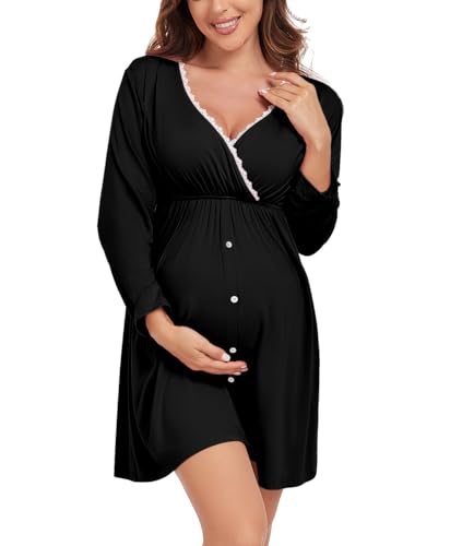 Image of lemorliva Maternity Nursing Robe Womens Labor Delivery Nursing Nightgowns for Hospital Breastfeeding Dress Black