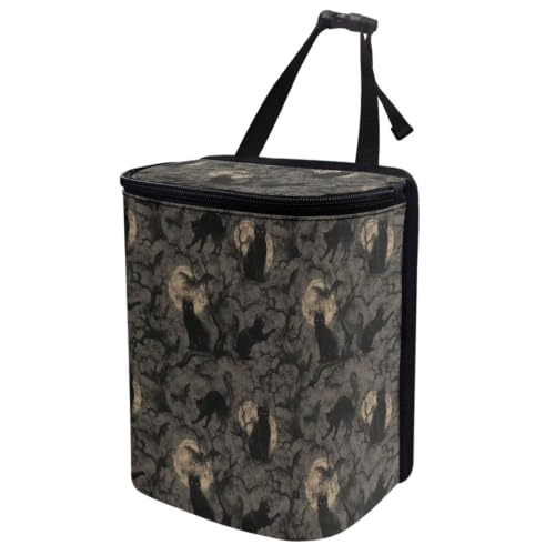 Image of Talayituse Black Cat Moon Bat Print Car Trash Can with Lid, Leak Proof Auto Trash Bag Hanging Vehicle Garbage Can Multipurpose Storage Container for Back Seat Road Trip Halloween Decor