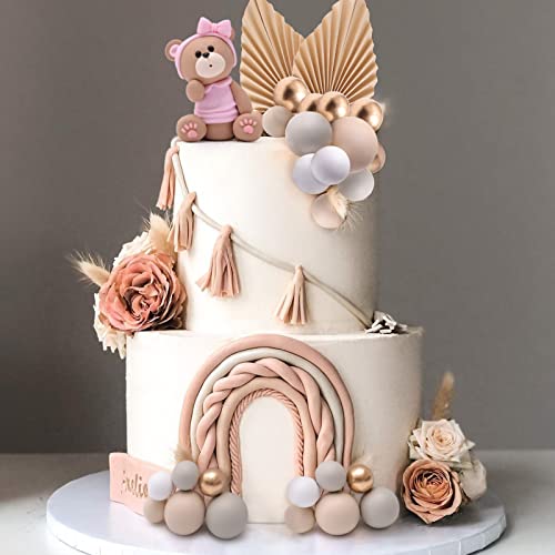 Queeke 25Pcs Teddy Bear Cake Topper Boho Mini Bear Cake Decorations With Gold Balls Butterflies For Baby Shower Birthday Party Gender Reveal Teddy Bear Themed Party Supplies #TOP4