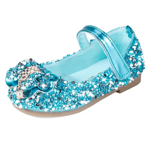 MK MATT KEELY Chaussure Princesse Fille Ballerine Mary Jane Scintillantes Enfants Chaussures Frozen pour Fêtes et Anniversaires,Bleu avec Arc,31EU(CN32)