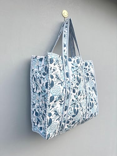 Image of Quilted Cotton Handprinted Reversible Large multicolor Floral Tote Bag,Hand Block Print Shopping Shoulder Carry Bag