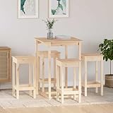 Ensemble de bar robuste en bois de pin pour 4 personnes. Cet ensemble de bar 5 pièces est fabriqué en pin massif non traité et comprend une table de bar (80 x 80 x 110 cm) et 4 chaises de bar (40 x 40 x 78 cm), chacune pouvant supporter jusqu'à 110 kg. Il est parfait pour votre salle à manger ou votre cuisine.