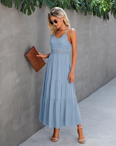 Image of Dokuritu Women's Beach Crochet Lace Maxi Dress Solid Color Summer Vacation Wedding Guest Spaghetti Strap Long Dress