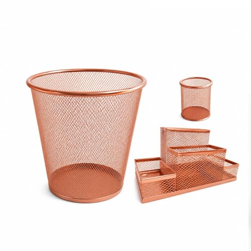 Kit Organizador, Porta Caneta e Lixeira Rose Gold Escritório