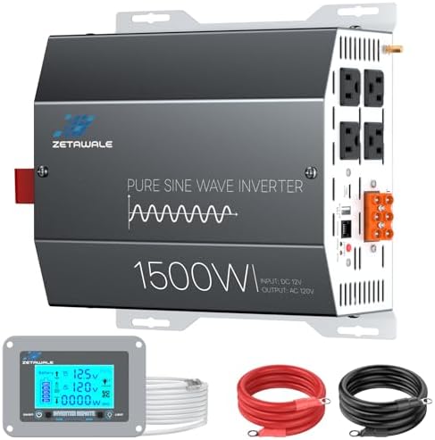 1500 Watt Pure Sine Wave Inverter 12v DC to 110v 120v AC Converter,3000W Peak Power Inverter with 4 AC Outlets,USB Port,Type-C,Remote Control LCD Display for Truck, RV, Vehicles, Solar Off-Grid