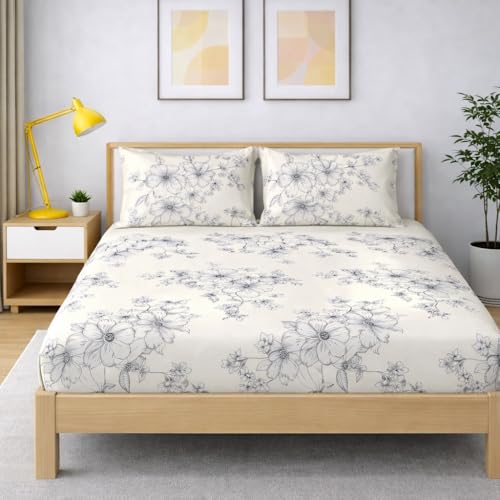 Image of 350 TC Premium Heavy Cotton Feel Elastic Fitted Bedsheet King Size with 2 Pillow Covers || Double Bed with All Around Elastic (WhiteFlowers, Fitted - Double72x72)