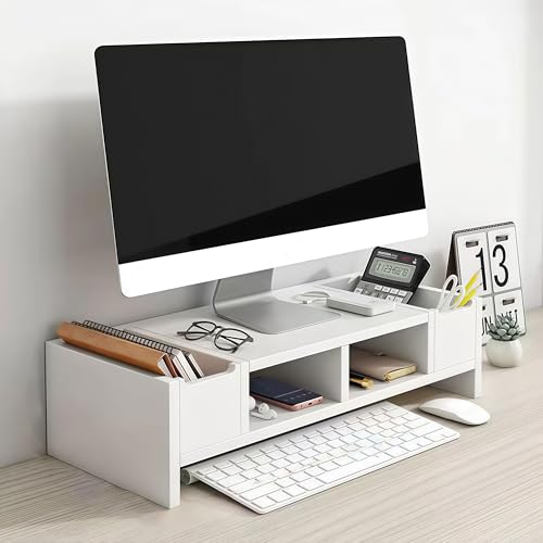Supporto salvaspazio in legno per monitor con cassetto, 2 ripiani, per computer e TV a schermo piatto, elegante supporto da scrivania per casa e ufficio