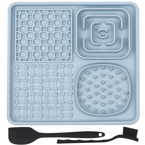 Leckmatte für Hund und Katze Mit Silikonspatel und Bürste, Futterunterlage, Slow Feeder, Baden, Fellpflege & Krallenpflege, BPA-frei, Blau