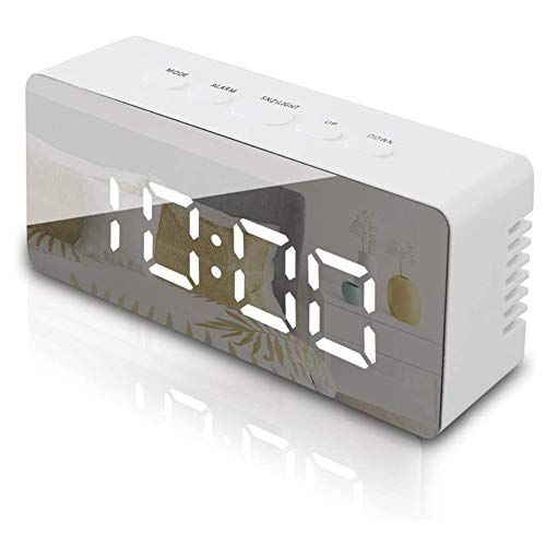 Seglory Reloj Despertador Digital con Pantalla LED de Temperatura, Despertadores Digitales Alarma de Espejo Inteligente con Fecha Snooze 12/24 Horas, Puerto de Carga USB, Brillo Ajustable, Blanco