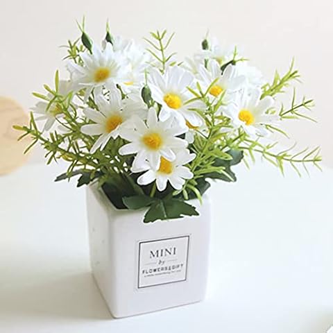 AIFUSI Artificial Flowers, Daisy Flower with Vase Silky Artificial Daisies Bouquet Fake Plant Bonsai for Home Office Wedding Decoration, Table Centerpieces Arrangement, Windowsill Decor Cover