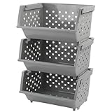 Jandson 3 Pack Stacking Open Front Storage Bins, Gray Stackable Pantry Basket Plastic