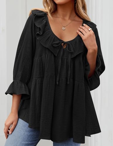 ZESICA Womens Scoop Neck 3/4 Length Sleeve Tops 2025 Casual Tie Front Ruffle Tiered Loose Tunic Shirts Blouses Fall Outfits2