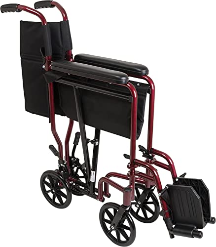 Wave Lightweight Transport Chair - Premium Folding Wheelchair With Fixed Arms - Portable, Foldable, And Easy To Transport Chair For Travel And Mobility Assistance - Burgundy Frame #TOP2