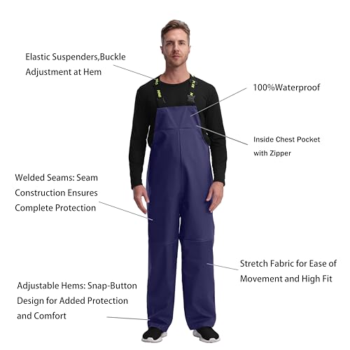Men\'s PRO Workwear 3-Piece Waterproof Rain Jacket & Bib Pants Set - Heavy Duty PU Eco-Friendly 2-Tone Functional Design (Midnight Blue,X-Large)