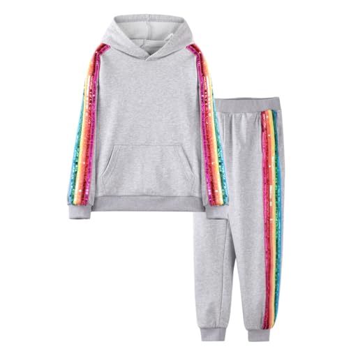 Image of WELAKEN Girls 2 Piece Outfit Rainbow Sequin Striped Sweatshirt & Sweatpants Clothing Set
