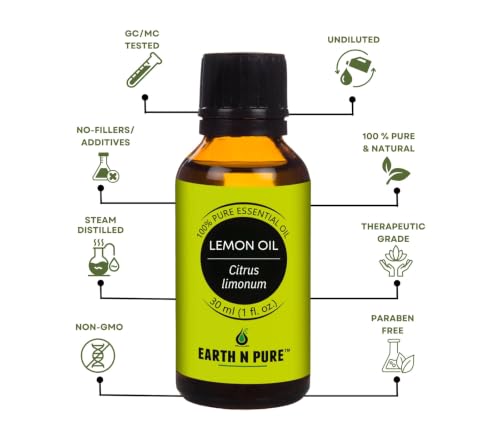Image of Earth N Pure Lemon Essential Oil 100% Pure & Natural | for Diffuser, Aromatherapy, Skin Care, Hair Care & Cleaning | Citrus Aroma for Fresh Mood & Home Use | Undiluted Therapeutic Grade - 30ml