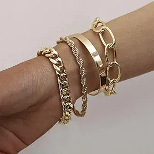 fxmimior Dainty Boho Gold Silver Chain Bracelets Set for Women Adjustable Fashion Beaded Chunky Flat Cable Chain Punk Brac...