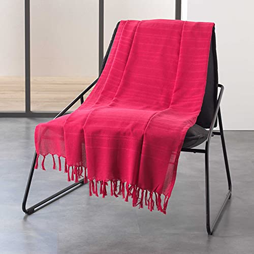 Douceur d'intérieur JETE DE FAUTEUIL A FRANGES 150 x 150 CM COTON TISSE LILIA FRAMBOISE