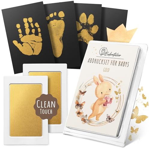 EULENTALER ® Das Baby Abdruckset GOLD I 0-6 Monate I Von Pädagogen empfohlen I Für Handabdruck, Fußabdruck & Pfotenabdruck I inkl. 2 Stempelkissen & 4 Abdruckkarten I Geschenk zur Geburt