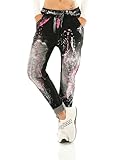 Zeralda Fashion Italy Damen Hose Jeans Look Denim Jogpants Baggy Boyfriend Freizeit Print (Schwarz Farbflecke)