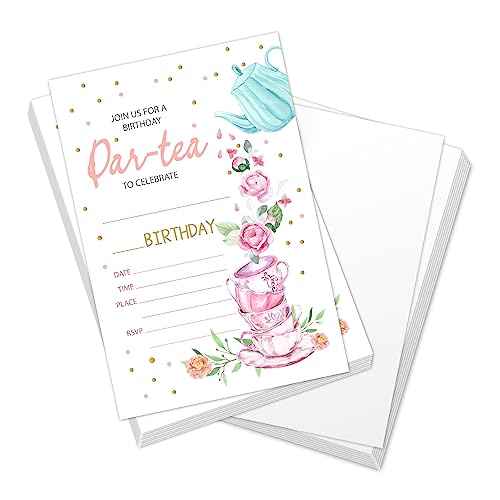 Floral Tea Party Birthday Invitations for kids, Let's Par-Tea Garden Tea Cup Party Invites Cards for Boys & Girls, Birthday Party Celebration Favor, bday Invites Supplies (20 Cards + Envelopes) - A002