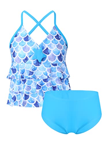 easyforever 2PCS Kids Girls Swimsuit Swimwear Tankini Mermaid Scales Printed Starfish Swim Tops with Briefs Blue 3