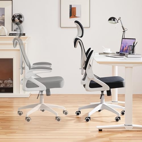 Image of Yaheetech Ergonomic Office Chair with Headrest, Lumbar Support, White /Black | Breathable mesh high-back adjustable headrest, padded seat, and flip-up armrests supports your back and neck, holds 300lb