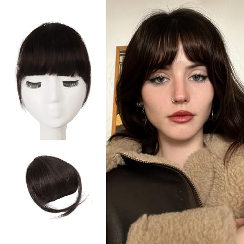 BARSDAR Echthaar Clip in Pony, 100{b9d5856da549643968b41bf8685e193e7ddb2887a7bb693ca3b6061315adb85c} Echtes Echthaar Clip in Bangs für Frauen - Dunkelbraun Dick Pony Extensions Fringe mit Schläfen Echthaar Pony Haarteile - Dunkelbraun