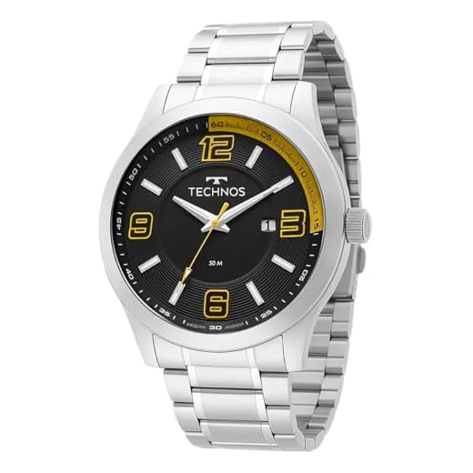 Relógio Masculino Technos Aço Prata Mostrador Preto Fosforescente Calendário 50M Resistente Água Pulseira Inox Analógico 2115KLM1L