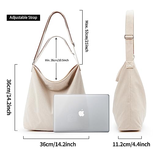 KALIDI Corduroy Tote Bag for Women Casual Zipper Tote Handbag Large Crossbody Hobo Shoulder Bag Fashion Shopper Women Work Tote Purse, Cream White