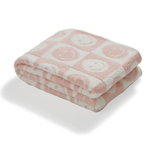Image of VBC Checkered Throw Blankets with Smiley Faces Reversible Soft Cozy Warm Blanket for Bed Sofa (Grid Smile,Lotus Pink,28"x40")