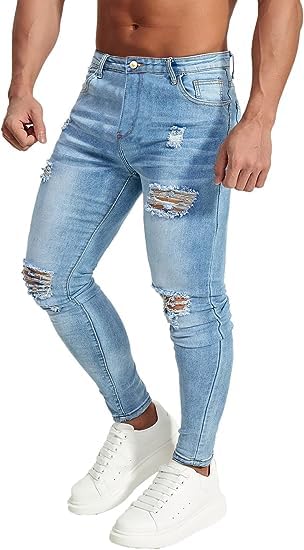 HUNGSONMen's Stretchy Ripped Skinny Biker Jeans Taped Slim Fit Denim Pants