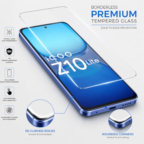 Image of ArmourPro 3D Borderless Tempered Glass for iQOO Z10 Lite, HD Clear Curved Edge to Edge Screen Protector, 9H Hardness, Oleophobic Coating, Case Friendly | Pack of 1