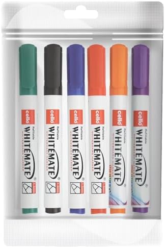 Cello Whitemate Whiteboard BoldMarkers | Set of 6 | Assorted Ink Colours | Whiteboard Marker with Easily Erasable Ink | Refillable Whiteboard Markers Markers