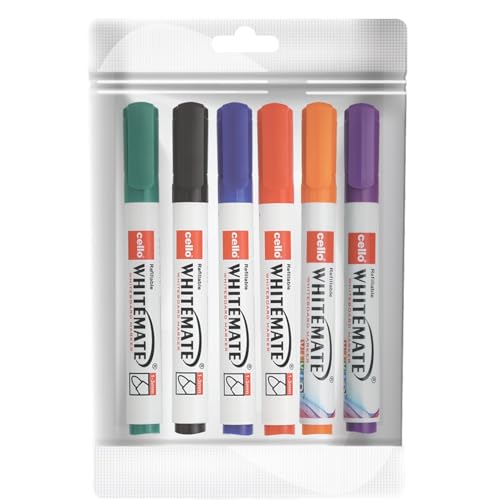 Cello Whitemate Whiteboard BoldMarkers | Set of 6 | Assorted Ink Colours | Whiteboard Marker with Easily Erasable Ink | Refillable Whiteboard Markers Markers (Image - 1)