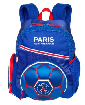 Mochila Escolar Paris S-G, Azul, Vermelho, Bolso Lateral com Zíper, Bolso 3D Formato de Bola de Fute