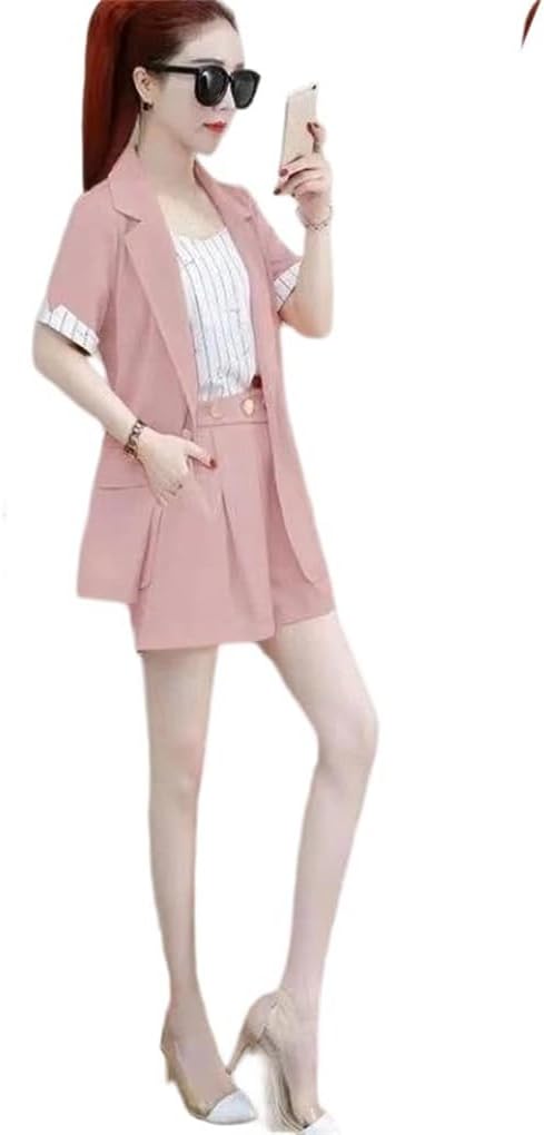 Women Solid Short Sleeve Suit Set, Blazer Crop Tops Slim Shorts Office High Three-Piece Outfits