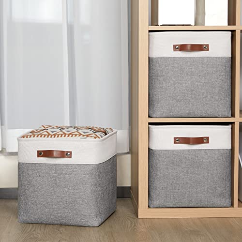 Hnzige Foldable Storage Cubes Baskets Set(4 Pack) Fabric Bins For Shelves,13 Inch Storage Basket For Organizing With Leather Handles For Home, Toys, Clothes, Kids Room, Closet Storage(White&Gray) #TOP6
