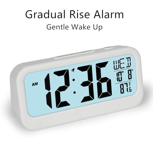 Image of FAMICOZY Digital Alarm Clock with Calendar Indoor Temperature,Adjustable Snooze,Crescendo Alarm,Manual DST,Light on Demand,No Ticking for Bedside Travel,White