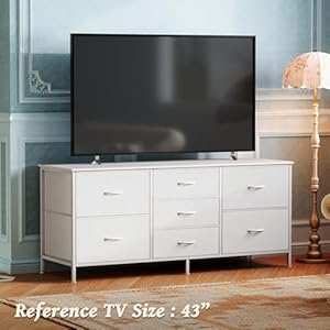 Huuger Dresser with 7 Drawers, 47 Inch Dresser TV Stand for 43, 50, 55 Inch TV, Fabric Dresser Chest of Drawers, PU Leather, Metal Frame, Storage Dresser for Bedroom, Nursery, Clothing, White Dresser Huuger Dresser with 7 Drawers 47 Inch Dresser TV Stand for 43 50 55 Inch TV Fabric Dresser Chest of Drawers PU Leather Metal Frame Storage Dresser for Bedroom Nursery Clothing White Dresser