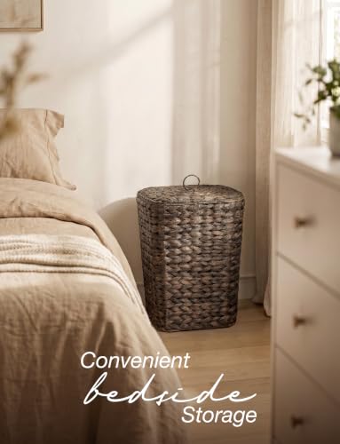 Image of Tidita 3 Gallon Large Wicker Trash Can with Lid, Boho Bathroom Garbage Can | Water Hyacinth Construction, Space-Saving Shape, Reinforced Inner Iron Frame, Removable Liner For Easy Emptying, Black Color