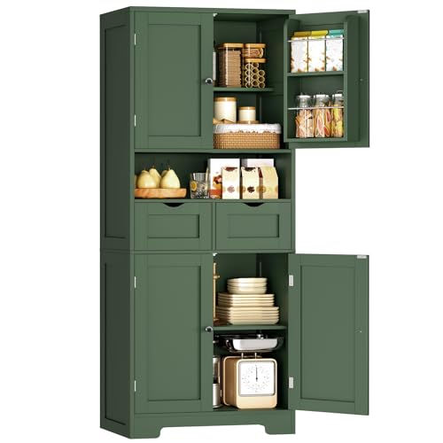 TEENFON Kitchen Pantry Cabinet with Adjustable Shelf Tall Storage Cabinet with 2 Drawers & 4 Door Shelves Food Pantry Cabinets for Kitchen Dining Room Living Room Green