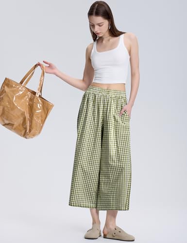 Image of LOMON Womens Wide Leg Capri Pants Gingham Plaid Culottes Summer Elastic Waist Palazzo Trousers Bottoms with Pockets