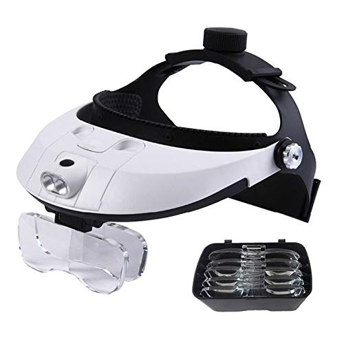 Lupa montada en la cabeza con luz LED, lupa manos libres para leer, reparar relojes, joyas, zoom de 1X a 3.5X con 6 lentes desmontables